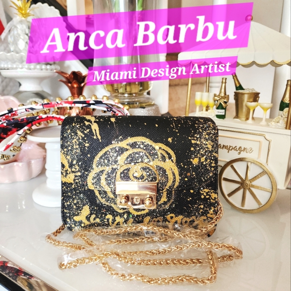 Anca Barbu Black Gold Rose Purse Bag Handbag Miami HandPainted Designer Art New